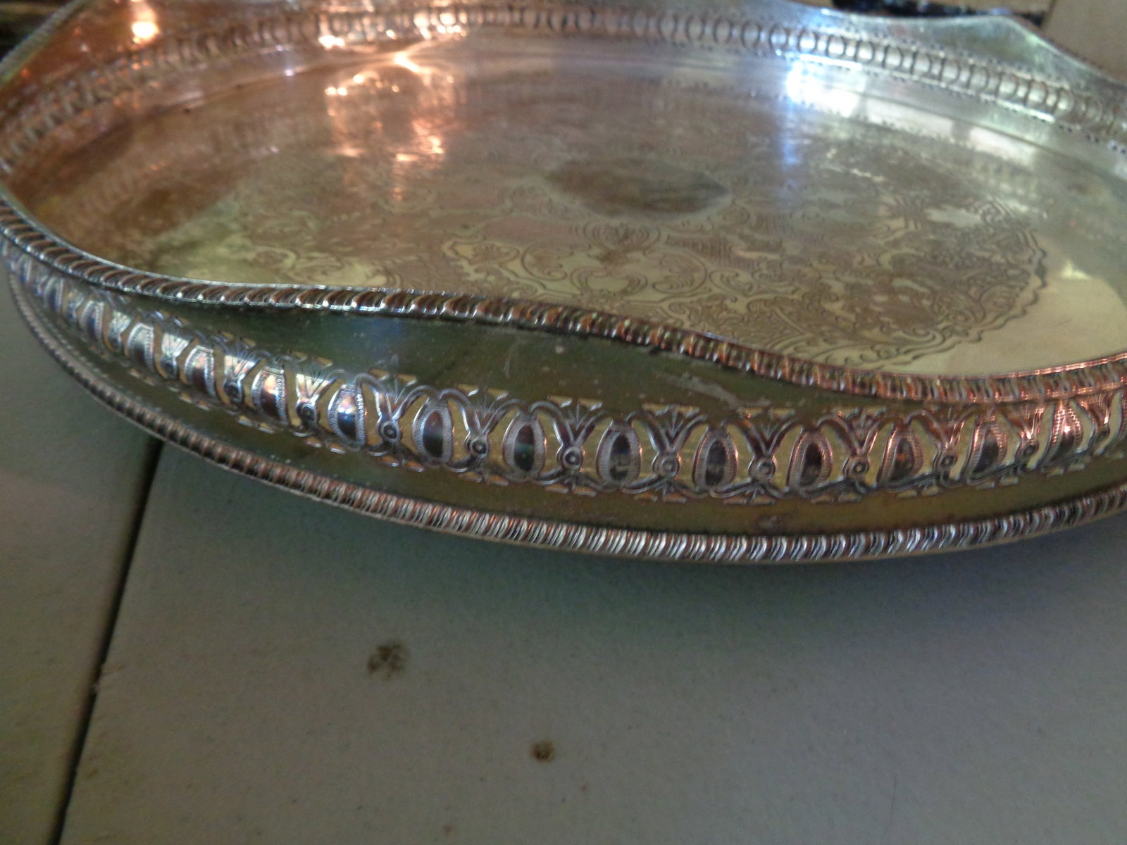 Large Silver Plate Trays Engraved Decorations Footed - 4