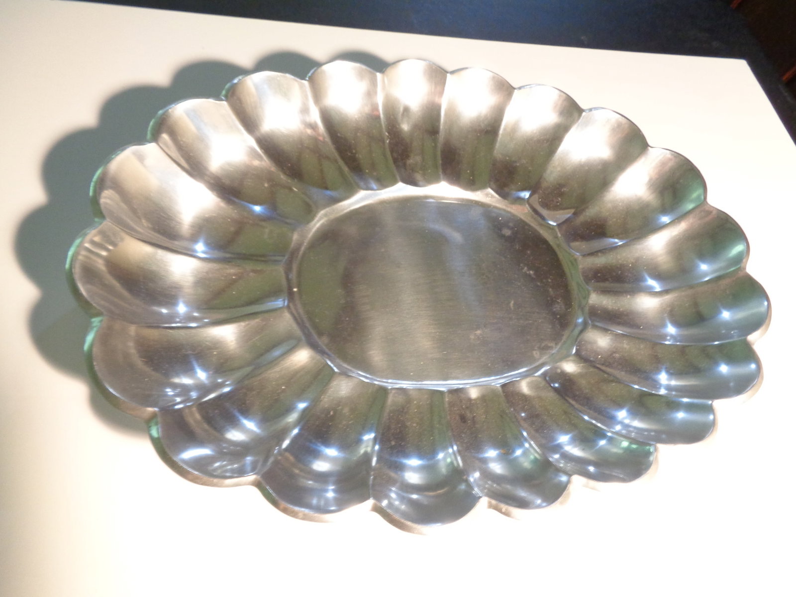 Large Scalloped Silver Toned Serving Tray: 18 inches