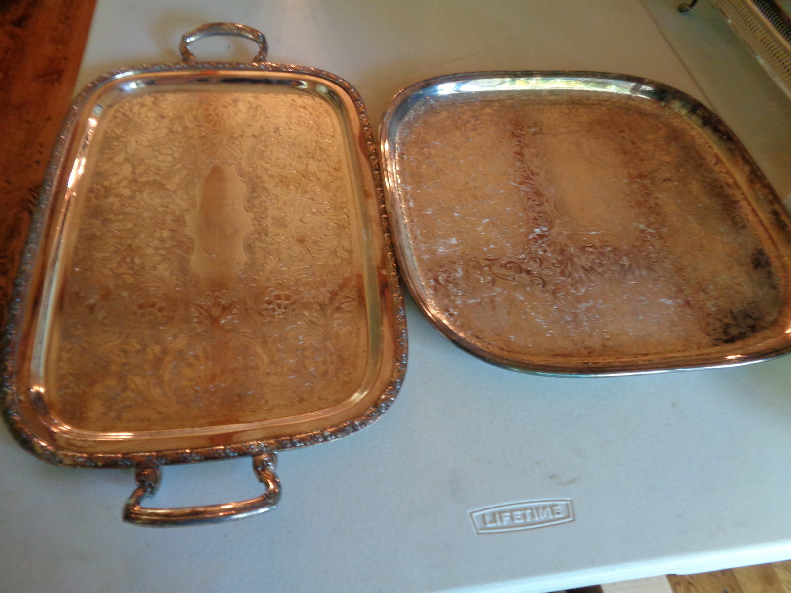 Silver Plate Trays: 1 handle cracked, 16x16, 22 1/2 x 12 1/2