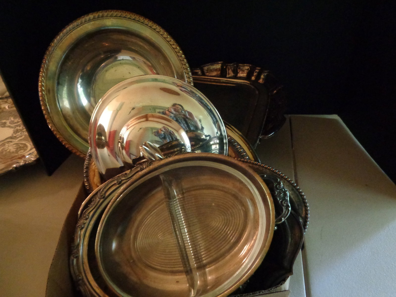 Box Lot Silver Plate Trays & Dishes: .