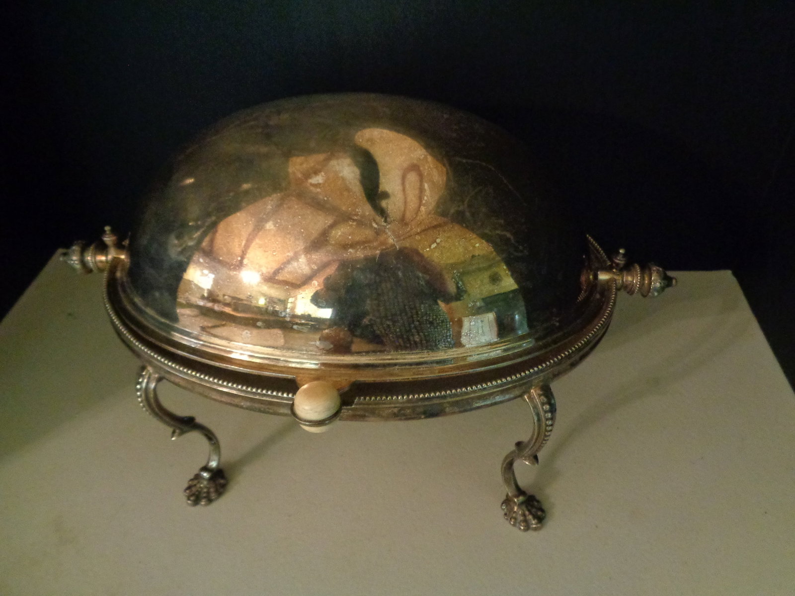 Vintage Silver Plate Roll-Top Covered Server: Dent in top