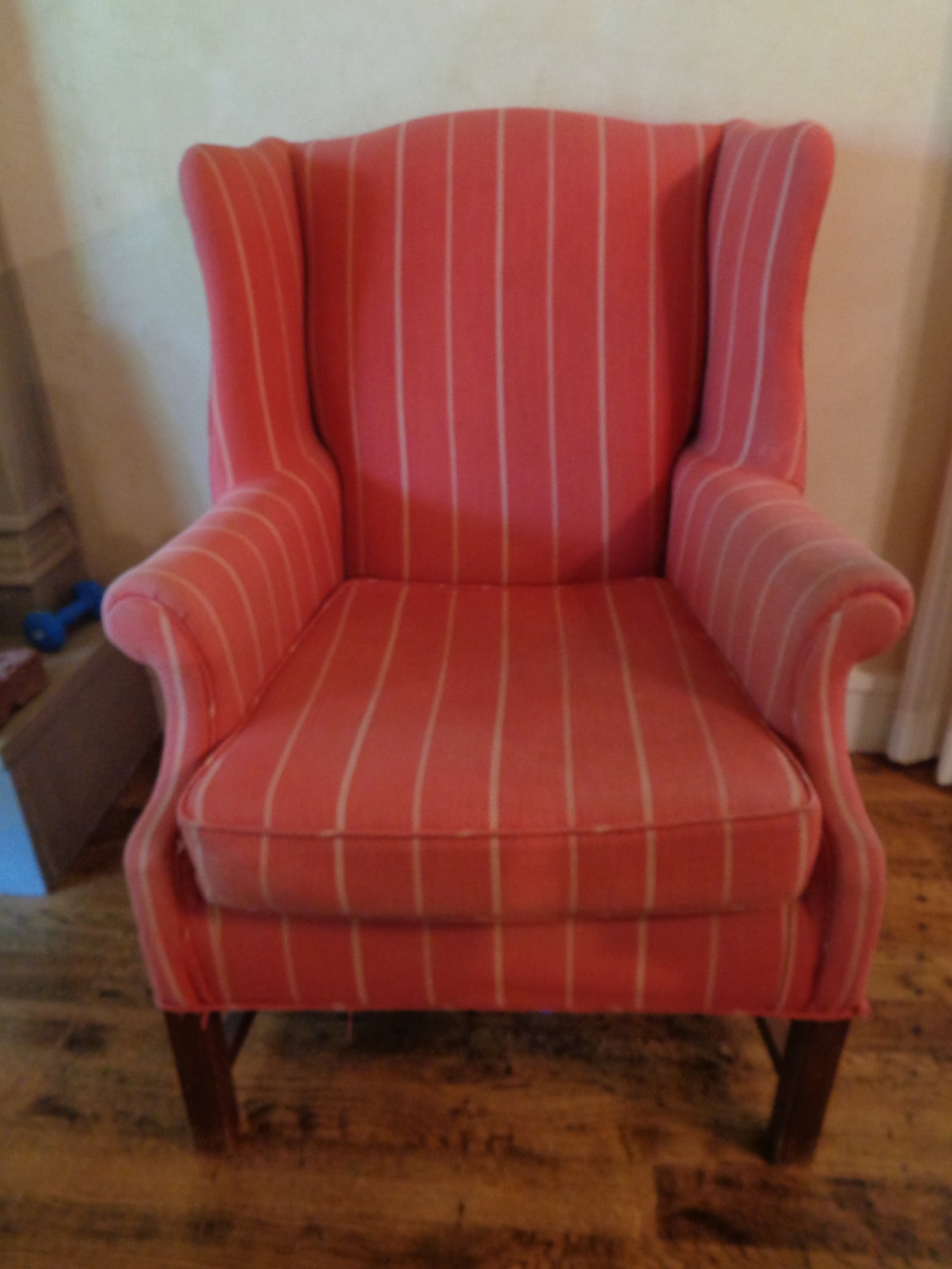 Red Striped Wing Back Chair: wood legs Fading on arms & Sides, Material is frayed in places