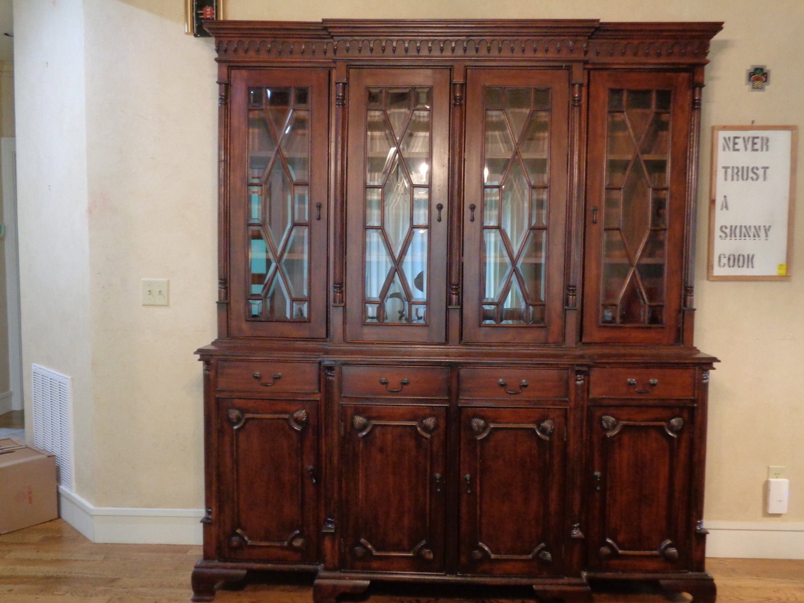 Beautiful Traditional China/Breakfront mahogany Tone: Tradional Style, beveled Glass Doors, Dentil Molding,Bracket Feet 86 in Tall x 76 in Long x 23 in Deep 1 piece