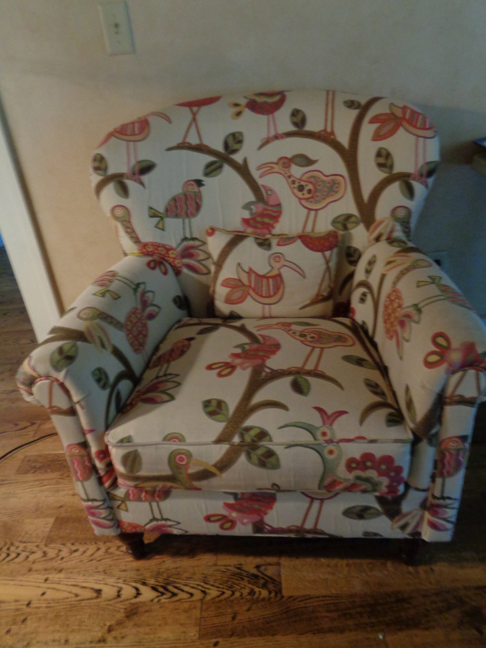 Upholstered Embroided Chair & Pillow: Bird Design, some wringles slight wear