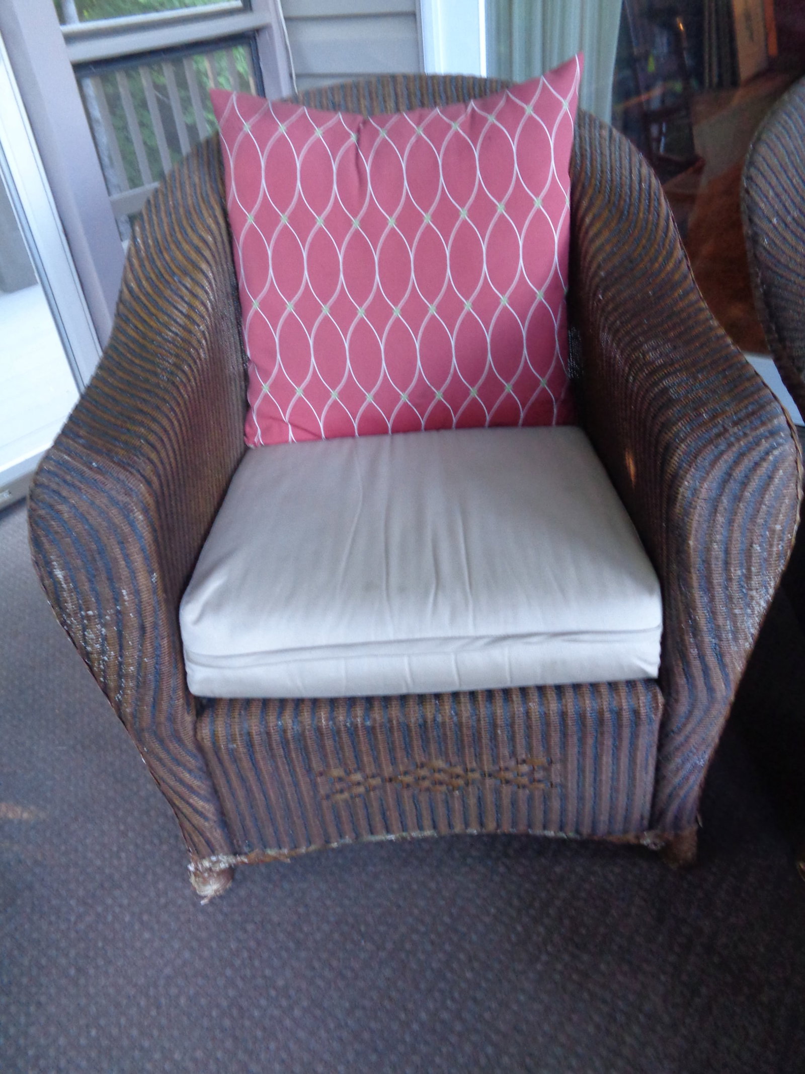 2 Plastic Basket Weave Wicker Porch Chairs with cushions & foot stool - 2