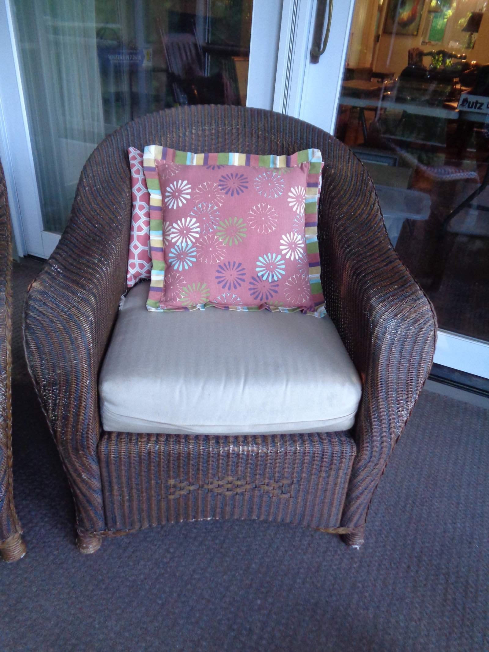 2 Plastic Basket Weave Wicker Porch Chairs with cushions & foot stool - 5