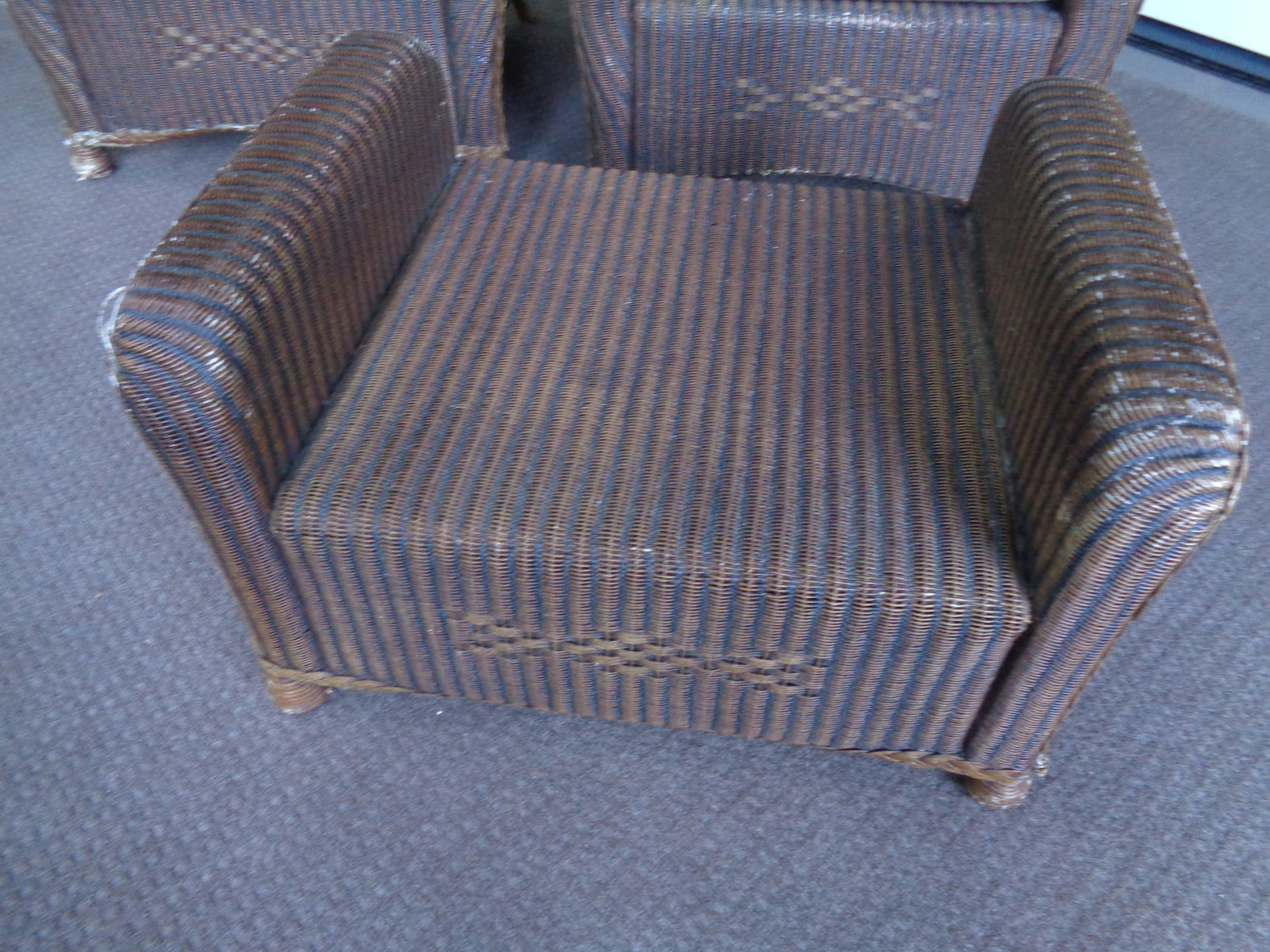 2 Plastic Basket Weave Wicker Porch Chairs with cushions & foot stool - 8