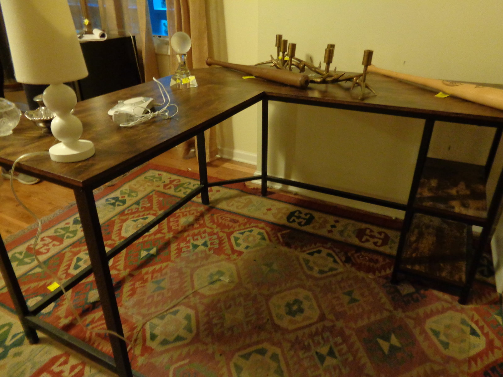 L Shaped Desk & Clear floor protector: contents not included 54x 54x 30 T
