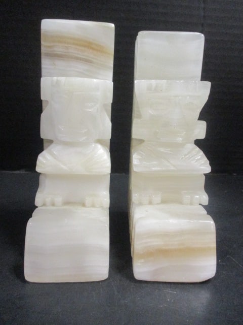 Carved Midcentury Onyx Bookends w/Aztec Design & - 2