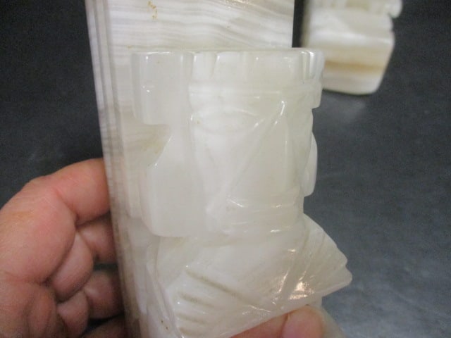 Carved Midcentury Onyx Bookends w/Aztec Design & - 3
