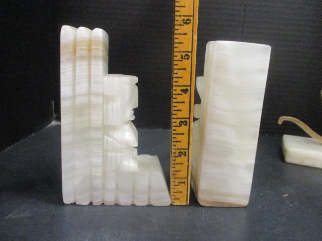 Carved Midcentury Onyx Bookends w/Aztec Design & - 5