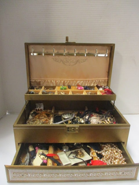 Gold Midcentury Jewelry Box Filled with Fashion Jewelry (1 of 17)