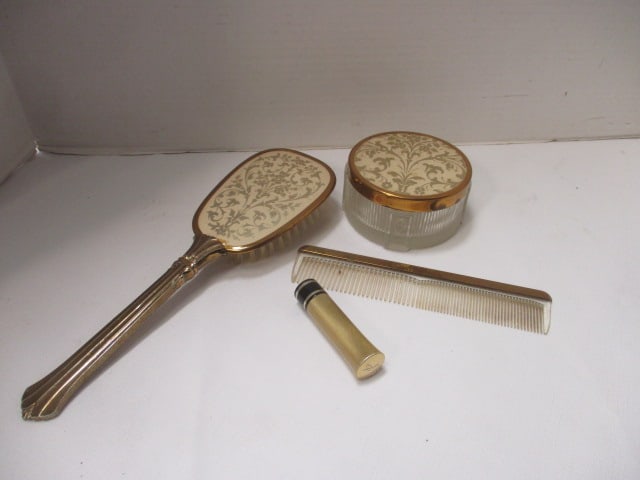 Gold Tone Midcentury 3 Piece Vanity Set and Sharon Ray Lipstick: 3 piece set includes brush, comb and powder box