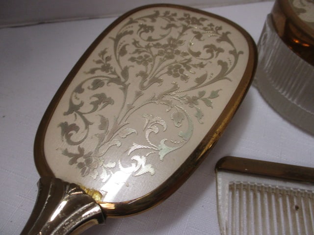 Gold Tone Midcentury 3 Piece Vanity Set and Sharon Ray Lipstick - 2
