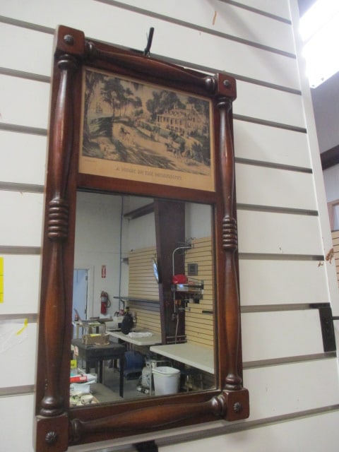 Three Mountaineers "Original" Empire Style Mirror: 10 1/4" x 18 1/2", has original hang tag from Three Mountaineers Shop, Asheville, NC. Lower section mirror top section has Currier & Ives Lithograph print "A Home on the Mississippi"
