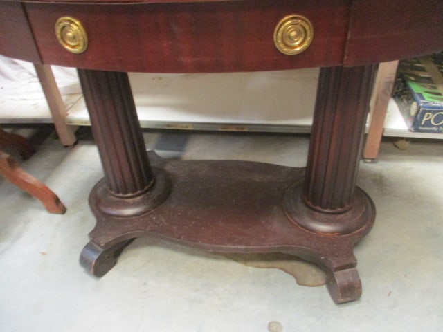 Double Column Post Base Mahogany Veneer Oval Console Table - 10