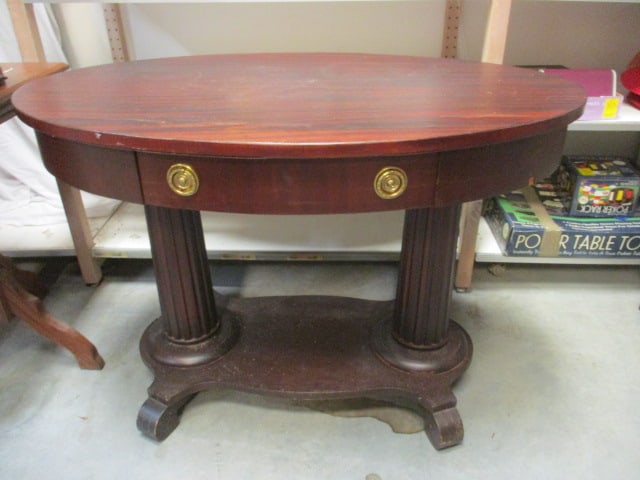 Double Column Post Base Mahogany Veneer Oval Console Table (1 of 12)