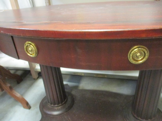 Double Column Post Base Mahogany Veneer Oval Console Table - 6