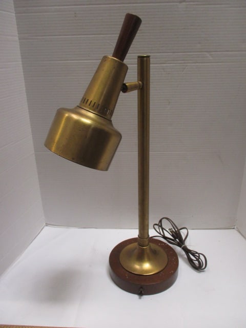 Midcentury Brushed Brass and Wood Adjustable Head Post Desk Lamp (1 of 7)