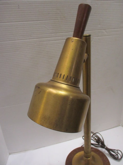 Midcentury Brushed Brass and Wood Adjustable Head Post Desk Lamp - 2