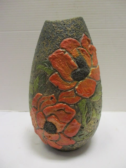 1970's Handpainted Textured Vase with Flowers in Relief: 10 1/2"h