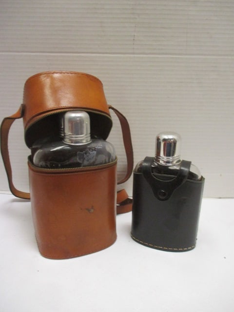 Swank Black Leather Flask and Great Britian Cow Hide Double Flask Holder (1 of 10)