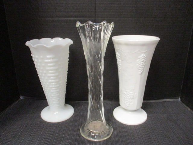 Footed White Glass and Milk Glass Vases and Twisted Design Pressed Glass Vase (1 of 10)