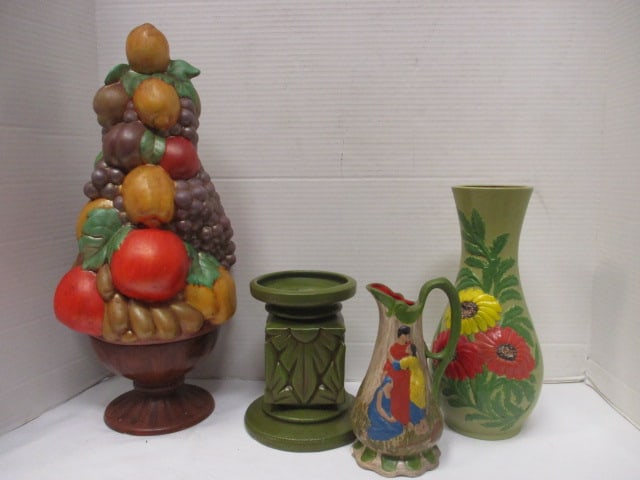 Retro Handmade Ceramic Fruit Topiary, Pear Shape Vase, Pitcher and Pillar Candle Holder: few small chips
