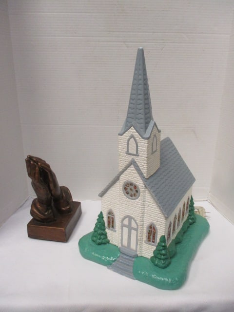 Retro Handmade Ceramic Praying Hands and Lighted Country Church: hands 9 1/4"h, church 18 3/4"h, light works