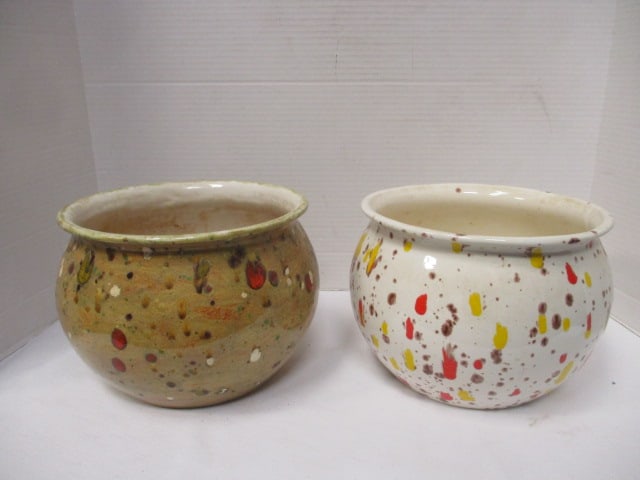 Two Retro Handmade Ceramic Speckle Glaze Cachepots: 8 1/2"dia x 6 1/2"h, green one has hole on lip