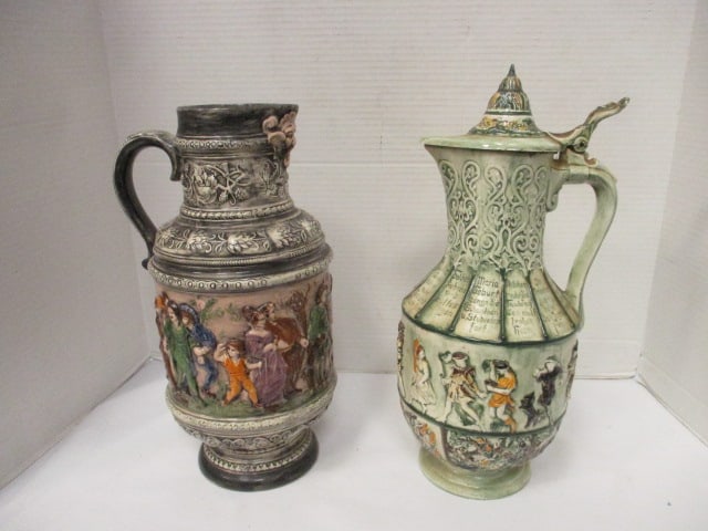 Two Retro Handmade Decorative Ceramic Oversize Tankards: Grey 13 1/4"h, Green 14 1/2"h