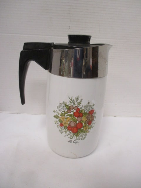 Corning "Spice of Life" 10 Cup Percolator Coffee Pot: has drip insert, does not have power cord but can be used on stove top