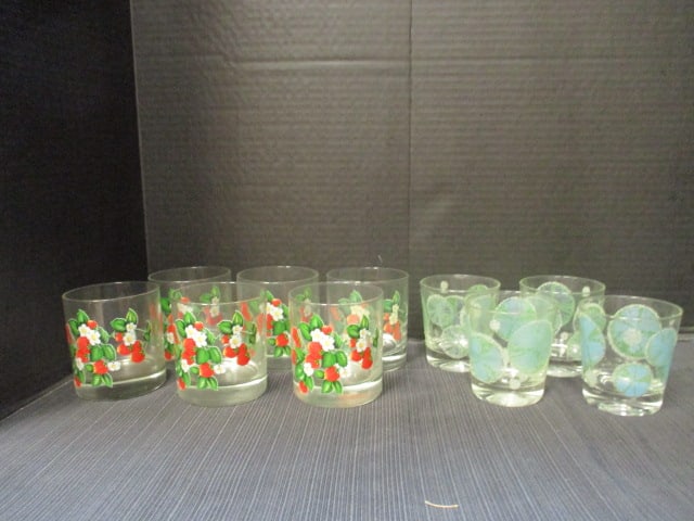 Two Sets of Midcentury Highball Glasses: (6)Strawberry decal 3 1/2"h, (4)Fred Press Raised Lime Slice pattern 3 1/4"h