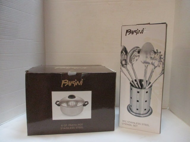 New Old Stock Parini Stainless 6 Quart Pasta Pot and 7 Piece Utensil Set: .