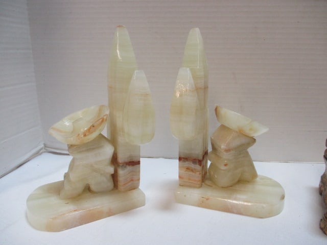 Pair of Alabaster "Sleeping Pepe" Bookends and De Lis Gold Gilt Italian Trinket Box: Bookends 7 1/4"h(one has chipped hat), box 7" x 4" x 2 1/2"(few chips)
