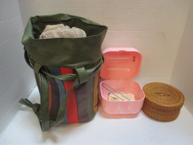 Vintage Woven Sewing Basket and 1970's Vinyl Yarn/Crafting Bag, Knitting Needles and (1 of 9)