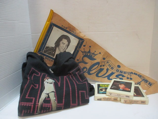 1970's Elvis Presley Pennant, Three 8 Track Player Cartridges and "Elvis '68 Comeback: TV Special" Black Sweatshirt. Sweatshirt size small, one 8 track does not have player tape