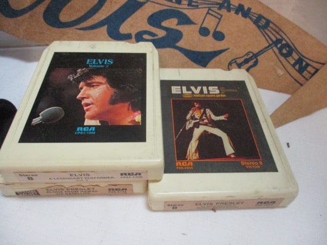 1970's Elvis Presley Pennant, Three 8 Track Player Cartridges and "Elvis '68 Comeback - 3