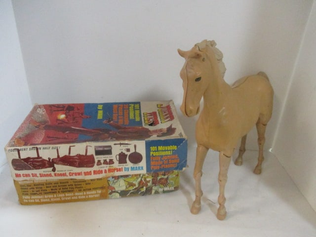 1966 Louis Marx Johnny West and Thunderbolt and Fort Apache Geronimo Dolls: Johnny West and Geronimo are in original boxes. All have been stored in attic. Dolls do not have all of accessories and have some damage from storage. See all pictures and preview for condition