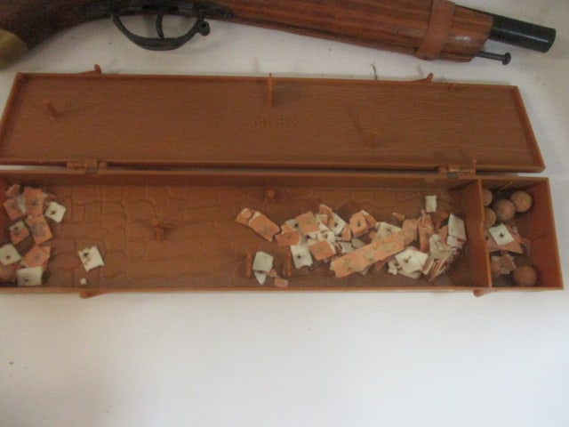 1960's Marx Double Barrel Cork Bullet/Ball Toy Gun with "Ammo" Case and Toy Wooden - 3
