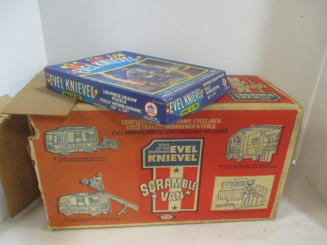 1970's "Evel Knievel"Jigsaw Puzzle and Ideal No. 3408-2 "Scramble Van" in Original Box: preview for condition and completeness
