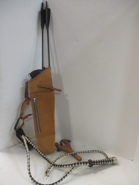 Old Toy Arrow Quiver, Arrows and Finger Guards, Wood Sling Shot Frame and (1 of 8)