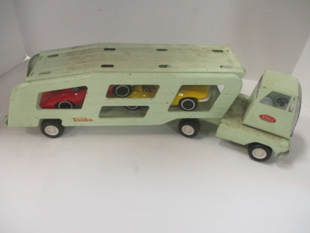 Vintage Tonka Metal Car Carrier with Two Plastic Vehicles: 18 1/2" long