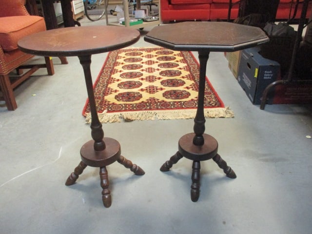 Two Small Accent/Lamp Tables: Round 14"dia x 22 1/2"h, Octagonal 15"dia x 22 3/4", both have scratches on tops, Local Pickup Only