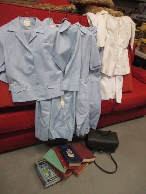 1950's Nursing Instruction Books, Nursing Uniforms and Home Visit Travel Case: .