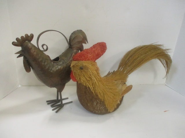 Bronzed Metal Rooster Pitcher and Natural Fiber Chicken: 9 3/4"h