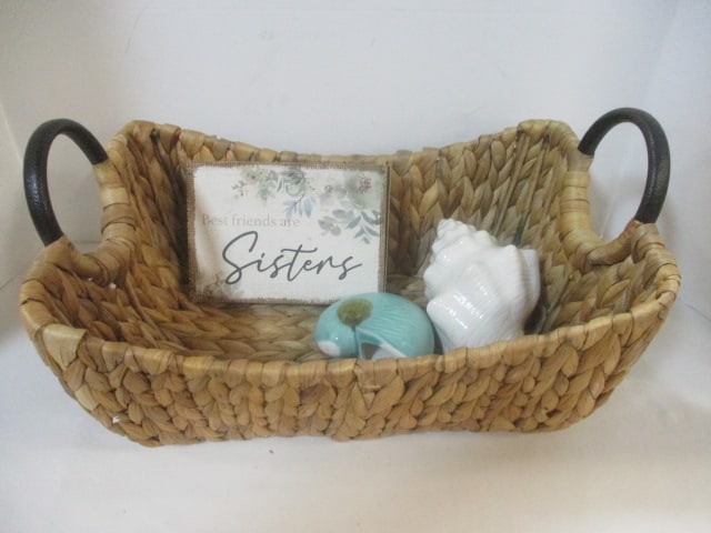 Woven Basket, Ceramic Sea Shells and "Best Friends are Sisters" Plaque: .