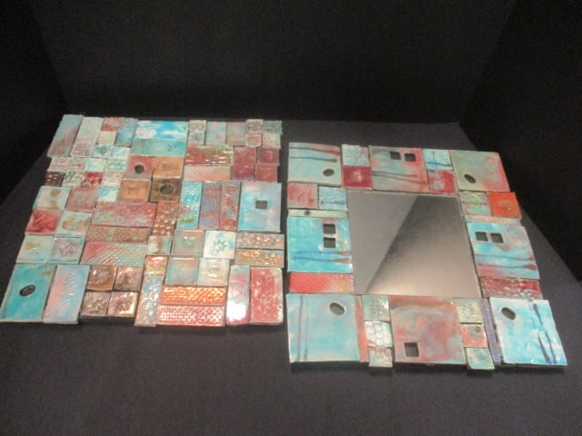 Artist Signed Bonnie J. Smith Mosaic Tile Wall Art and Matching Mirror: approx. 12" square, both signed in marker Bonnie J. Smith Greenville, SC 2006 on back