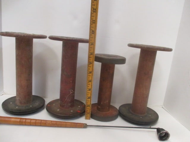 Four Vintage Wooden Textile Mill Spools and Bobbin Candle Snuffer - 12