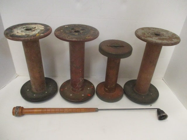 Four Vintage Wooden Textile Mill Spools and Bobbin Candle Snuffer: .